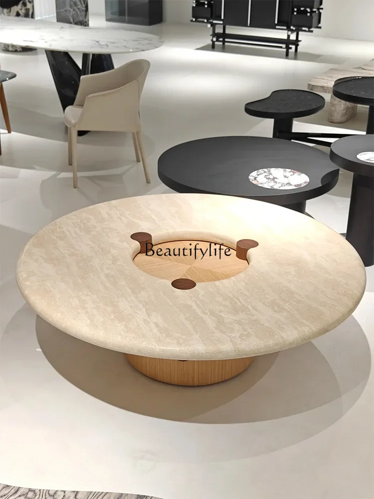 

ls 51 Wabi Sansan Light Luxury Premium Solid Wood Natural Travertine Coffee Table Household Villa Cream Wind Marble Coffee Table