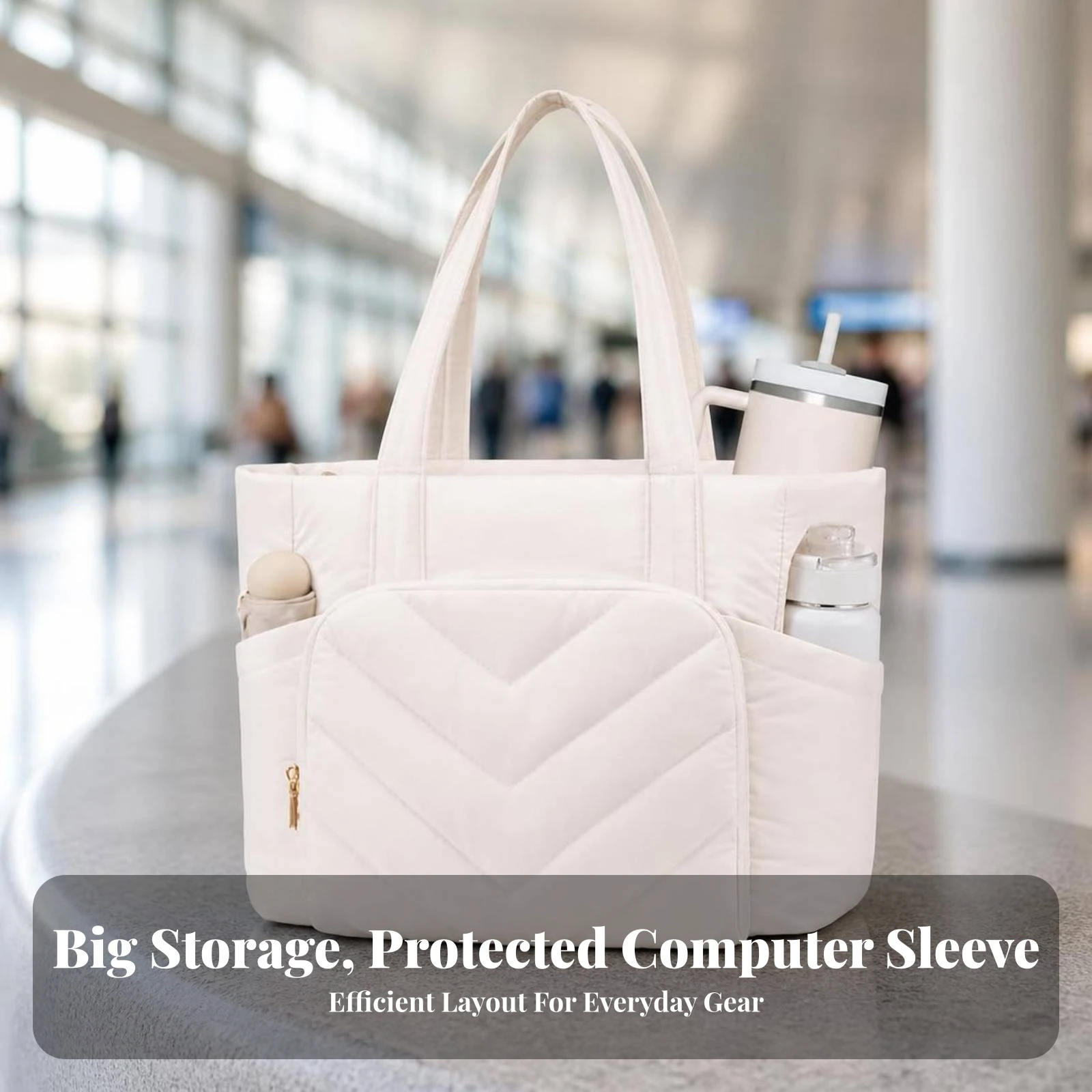Quilted Tote Bag Water-Resistant Tote Bag with Zipper Soft Lightweight for Commuters, Daily Commute, Travel