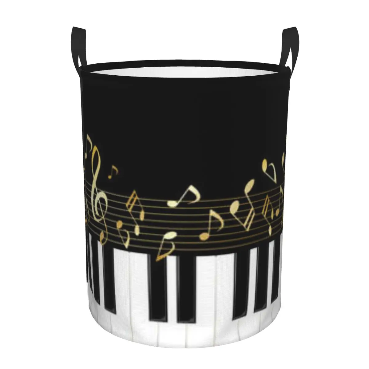 Folding Laundry Basket Piano Keyboard And Musical Notes Round Storage Bin Large Hamper Collapsible Clothes Bucket Organizer