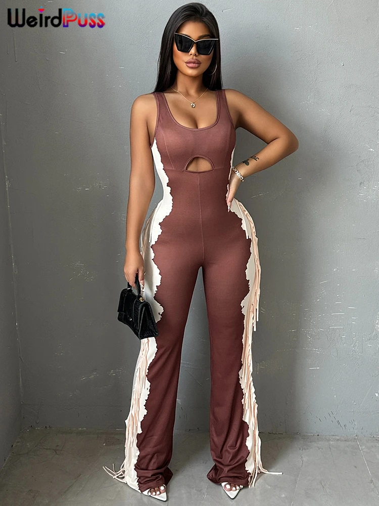 Weird Puss Chic Side Tassel Jumpsuit Women Sexy Hollow Contrast Stretch Summer Fashion Sleeveless Elastic Workout Long Overalls