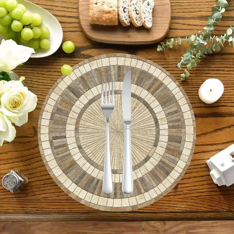 VIKAMA Beige Mosaic Rings Linen Round Placemats Set of 6, Non-Slip Washable Heat Resistant Kitchen Table Mats