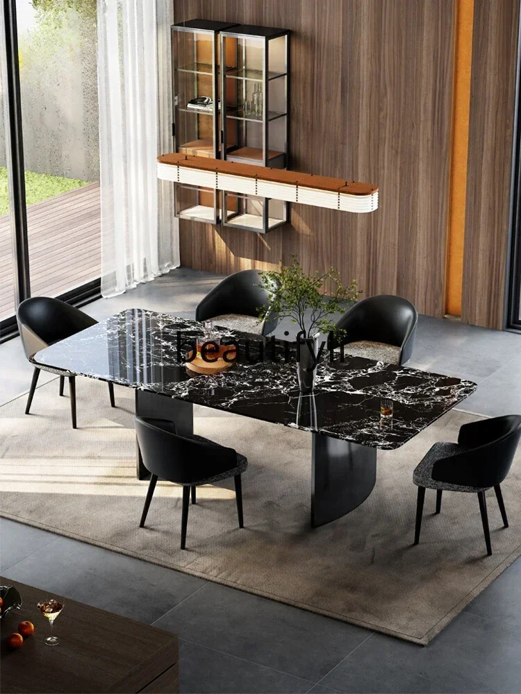 

55Black rose natural marble dining table rectangular light luxury simple all solid wood luxury stone dining table and chairs