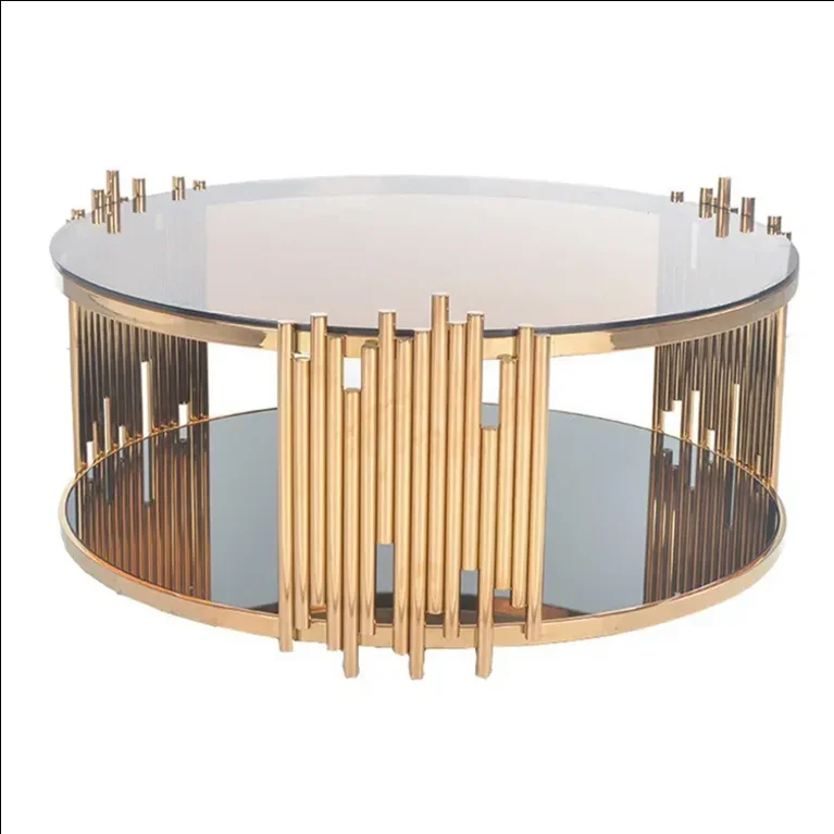 Luxury design with gold plating center table round metal tea table black glass top hotel home side table