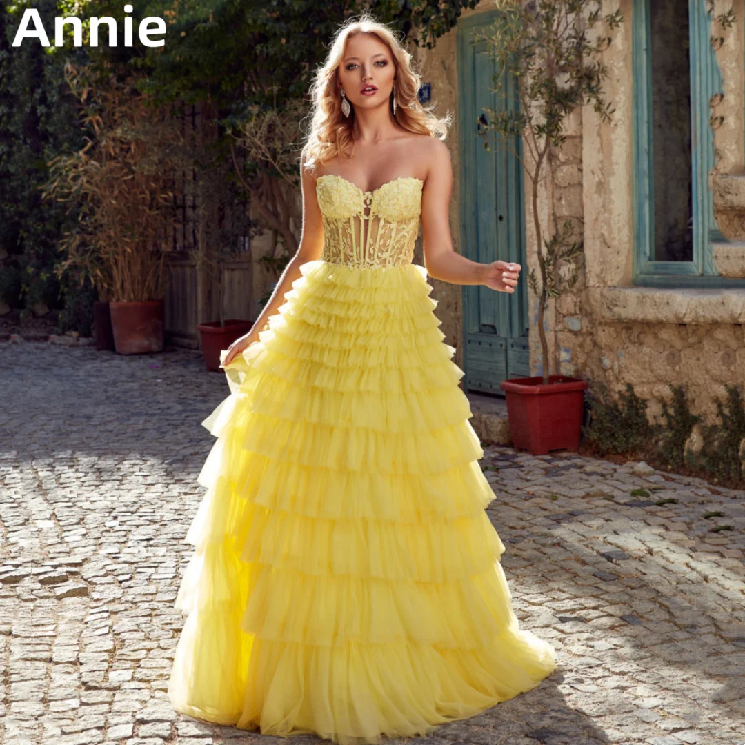 

Annie Yellow A-shaped Prom Dresses Embroidery Appliqué Evening Dress Tulle Layering Graduate Party Dresses 2024Vestidos De Noche