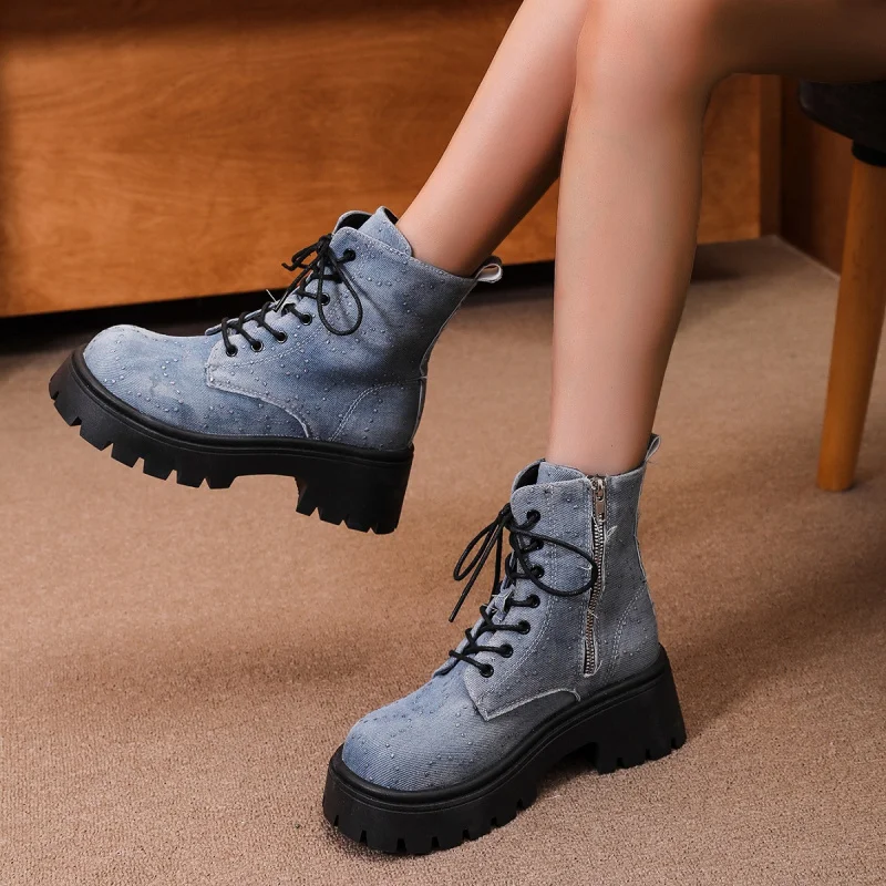 

Elevator Ankle Boots Women 2025 Spring and Summer New All-Matching round Toe Lace-up Platform All-Matching Female Boots