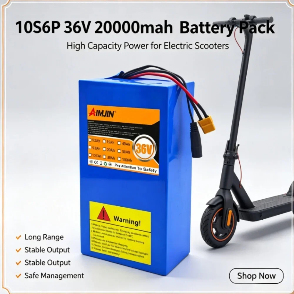 36V 20AH 10s6p Li-ion Battery Pack 20000mAh 1500W Electric Scooter and Bike Battery with Built-in 50A BMS + Charger