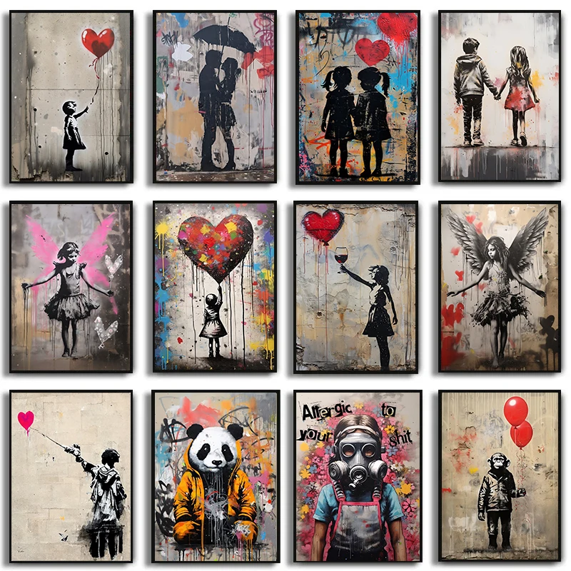 1pc frameless Pop Street Graffiti Wall Art Banksy Boy Girl with Balloon on Canvas Posters and Prints Painting for Living Room Ho
