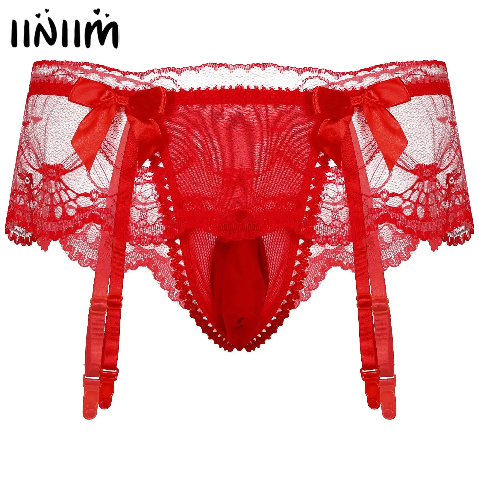 Men Sexy Lingerie Sissy Panties with suspender and garters Sissy Crossdresser Costume T-back Pouch Briefs with Small Bowknot