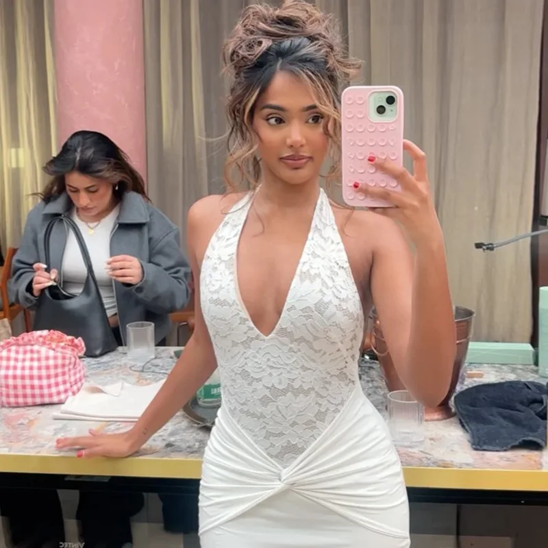 DSMTRC Abiti da donna senza maniche senza schienale alla moda Patchwork in pizzo Sexy scollo a V Halter Maxi abito da sera per feste da club Abiti eleganti