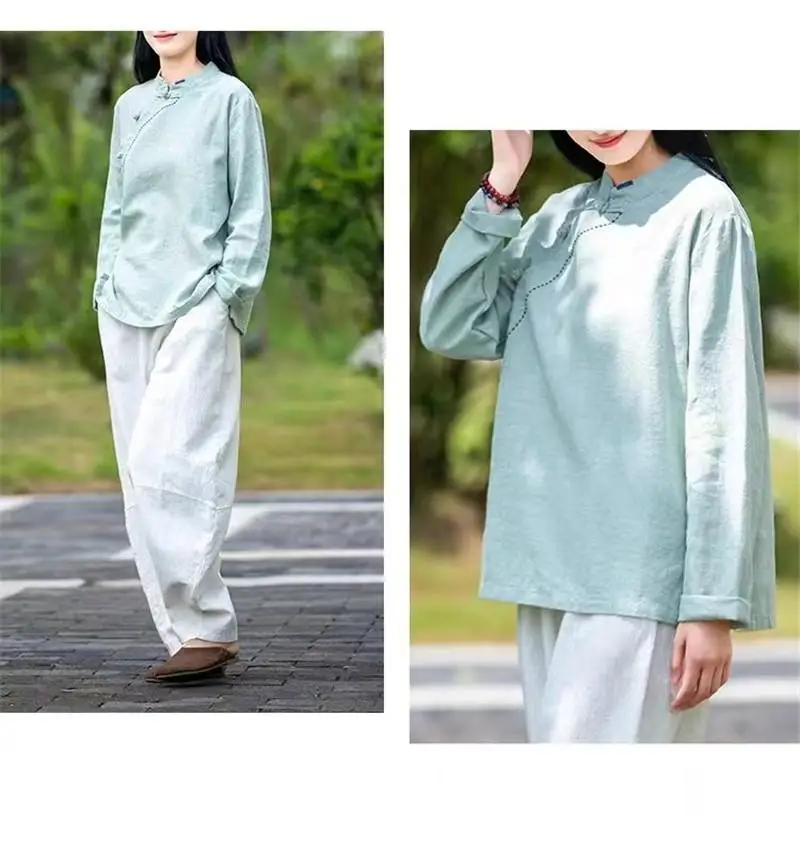 Chinese Style HanFu Top Women Loose Cotton Linen T-shirt Summer Stand Collar Buckle Button Tea Clothing Top Female Casual Tee