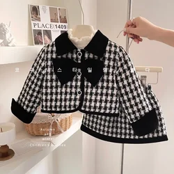 Retail 2023 New Baby Girls Winter Fall Formal Lady Sets Bow Coat + Skirts Princess Plush T-shirt Christmas Black Plaids Suits