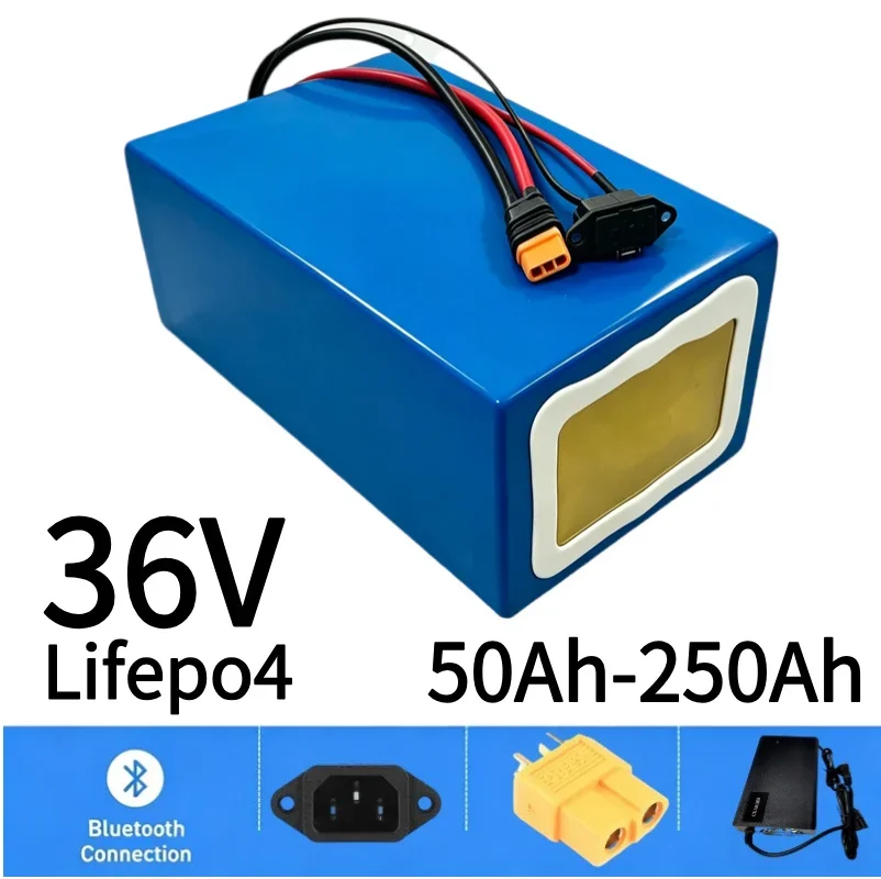 36V LiFePO4 Battery 50‑250Ah Built‑in BMS 3000W Deep Cycle Lithium Iron Phosphate Battery for Golf Cart EV RV Off‑Grid Solar Pow