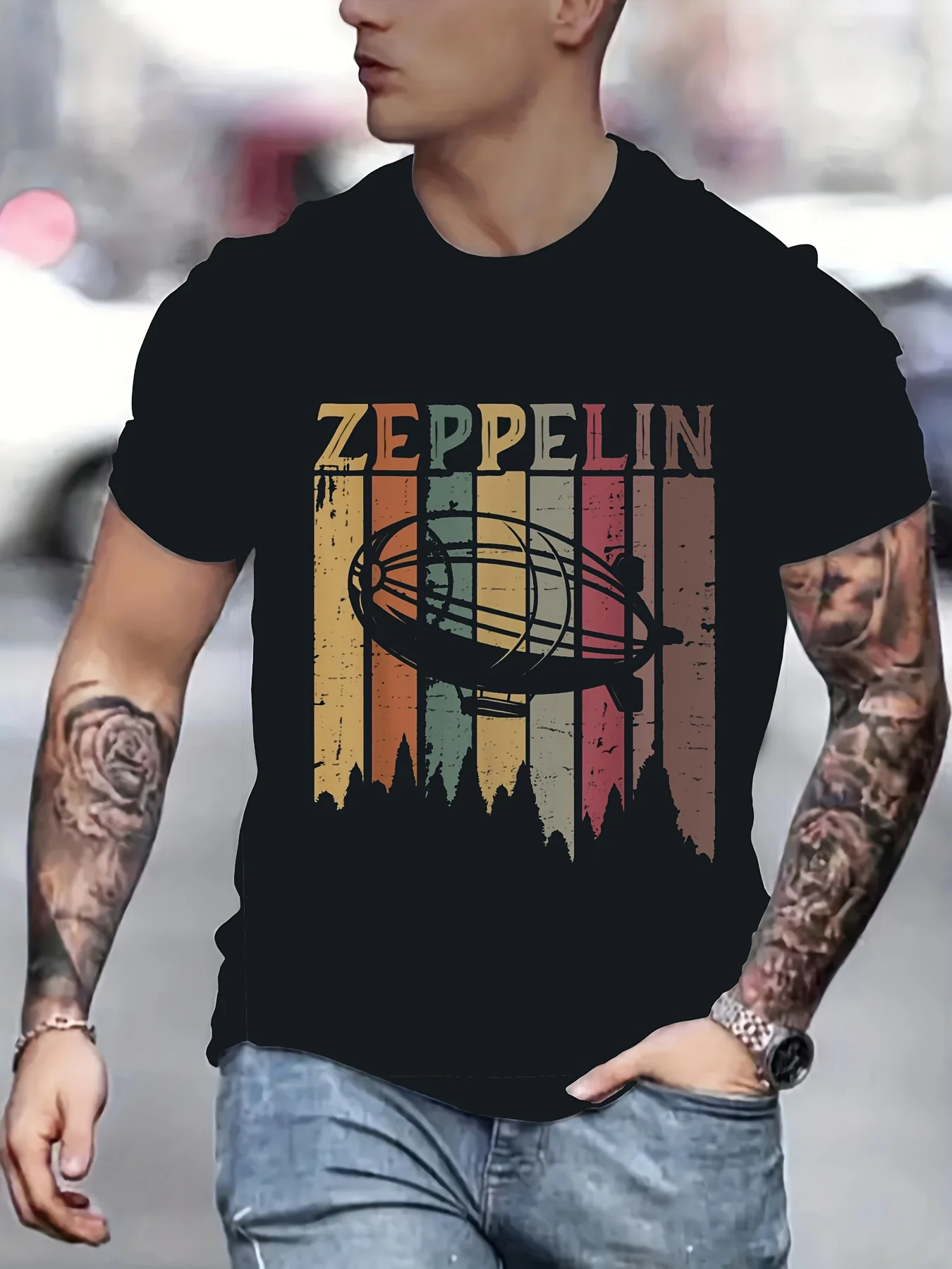 

[Durable] Retro Zeppelin Graphic Men's T-Shirt - Soft Cotton, Casual Short Sleeve Tee with Vintage Airship Design