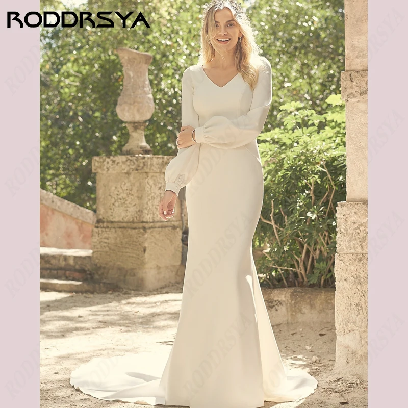 

RODDRSYA Soft Satin Mermaid Wedding Dresses Long Fuff Sleeve A-Line Bridal Party V-Neck Button Back Bride Gown Robe De Mariée