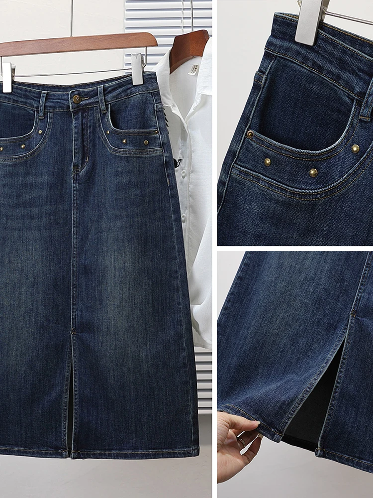 Gonna a trapezio midi in vita elastica ampia Gonne f-lunghezza in denim per gonne coreane comode e traspiranti da donna taglie forti