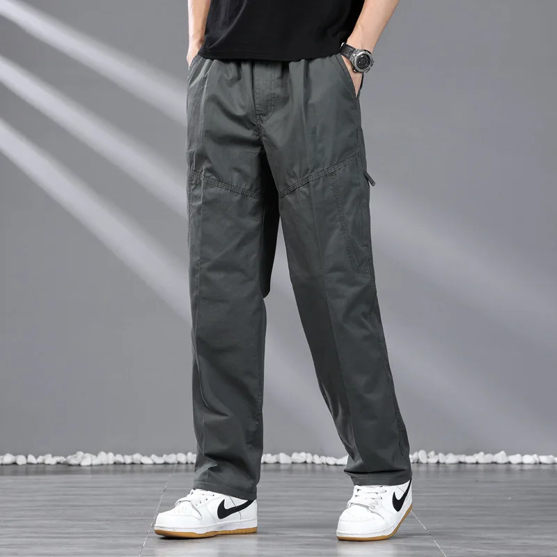 Весенне-осенние мужские базовые тонкие свободные размеры, рабочие брюки с несколькими карманами, молодежные прямые универсальные удобные повседневные брюки