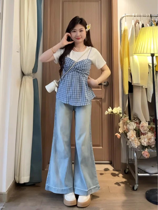 เสื้อยืดลายสก็อตสำหรับผู้หญิงไซส์ใหญ่ สไตล์เกาหลี แฟชั่นลำลอง ใส่ทำงานได้ ดีไซน์สองชิ้นหลอกๆ คอกลม ทรงปกติ