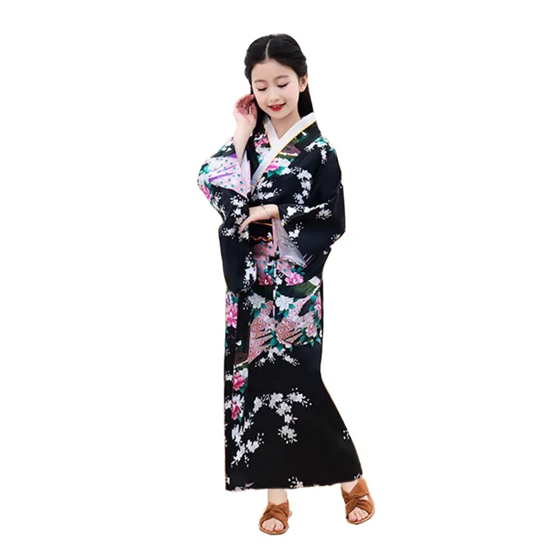 Children Kimono Traditional Japanese Style Floral Yukata Dress Kids Obi Vintage Samurai Halloween Cosply Costume Haori Outfit