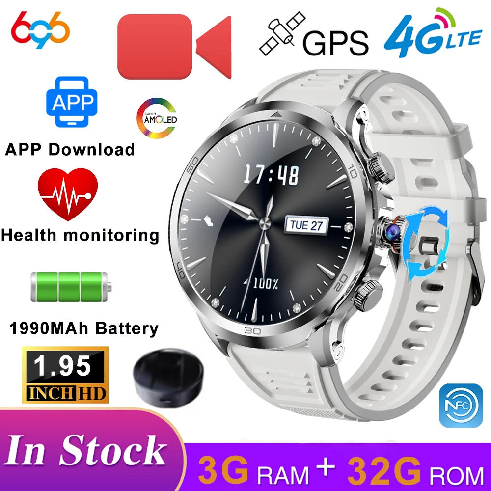 

1.95" AMOLED Screen Men Women Rotating Camera 4G Video Call Smart Watch Health GPS Wifi Sports Waterproof Sim Card Smartwatch