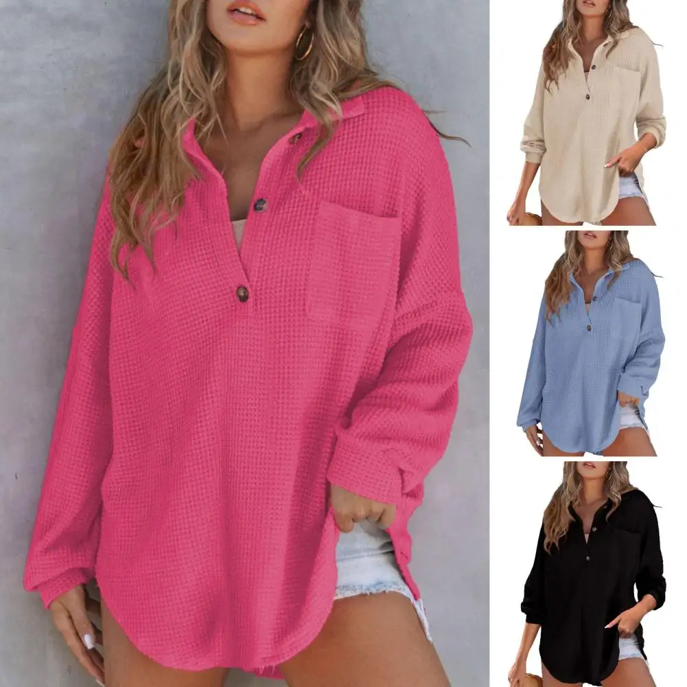 Long Sleeve Lapel Top Stylish Women's Lapel Long Sleeve T-shirt with Patch Pocket Loose Fit Pullover Top in Solid for Everyday