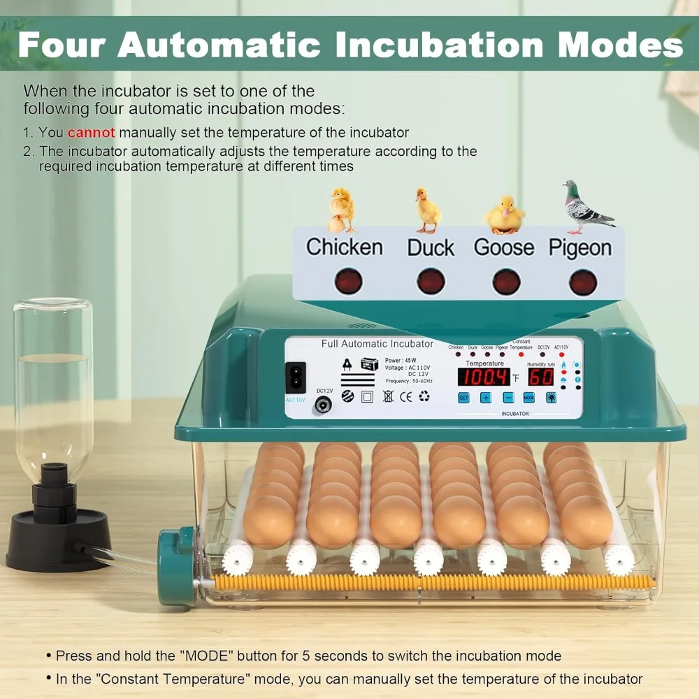36 Egg Incubator for Hatching Chicken Eggs Automatic Turning 4 Modes with Humidity Monitor and Egg Candling Tray