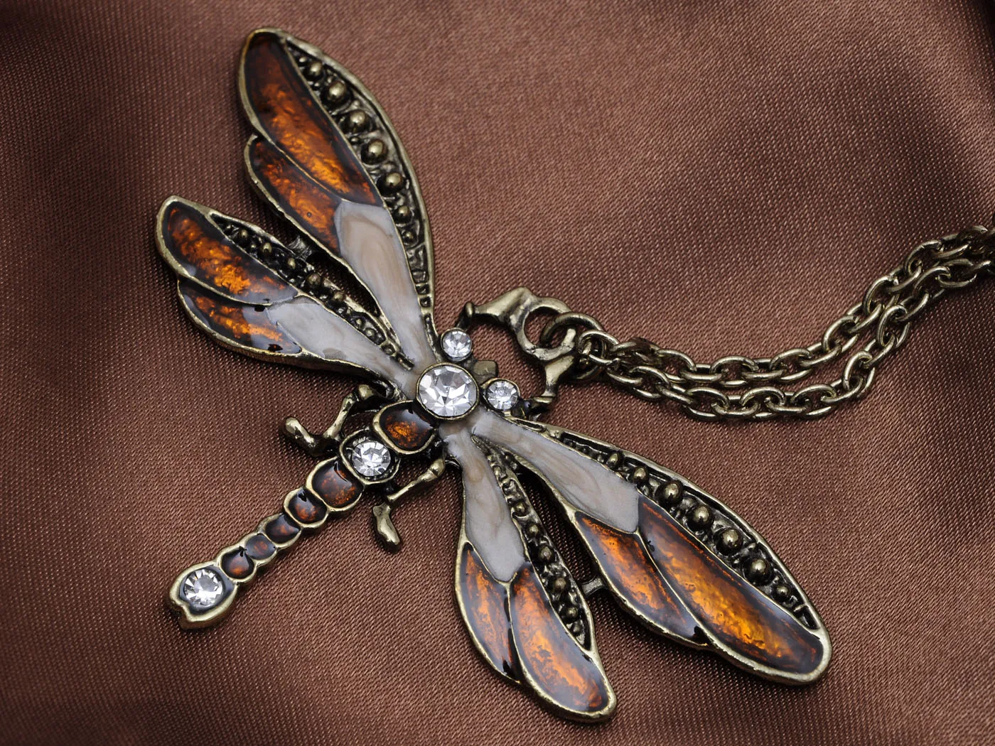 Rose Painted Enamel Bug Wing Crystal Rhinestone Small Dragonfly Pendant Necklace