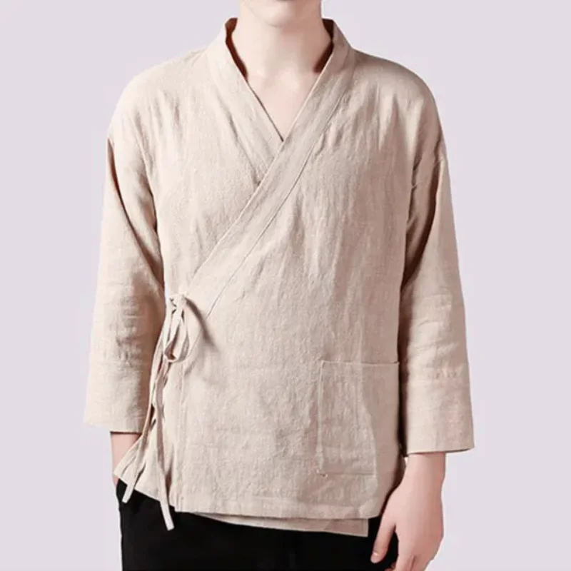 Men\'s linen vest Men\'s shirt Long sleeved Chinese official collar Traditional Kung Fu Tang casual social shirt Plus size shirts