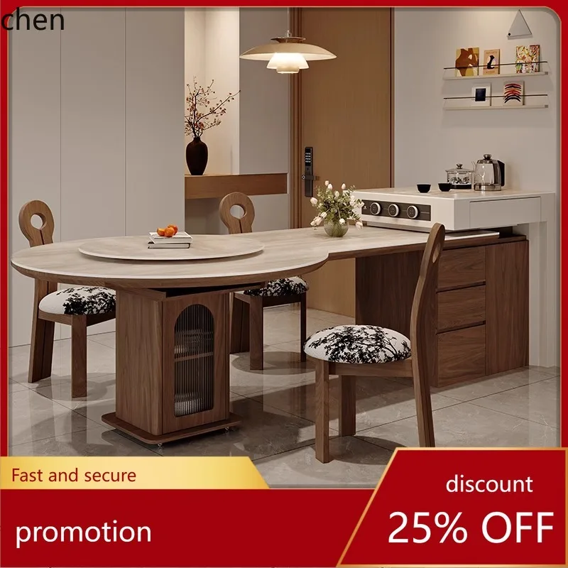 HT Mid-Century Style Extendable Island Dining Table Integrated Convertible Round Table Modern Home Storage Island