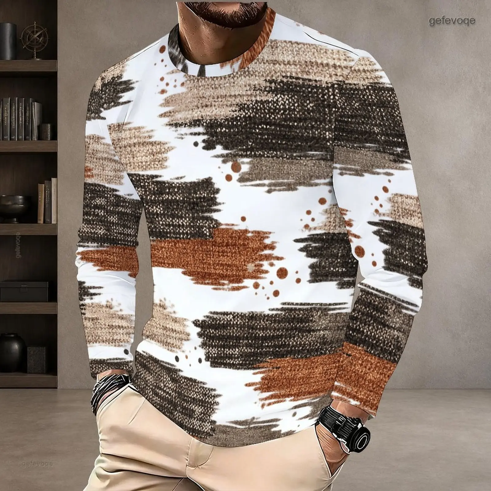 Men Abstract Swirl Geometric Printed Round Neck Long Sleeve T Shirt