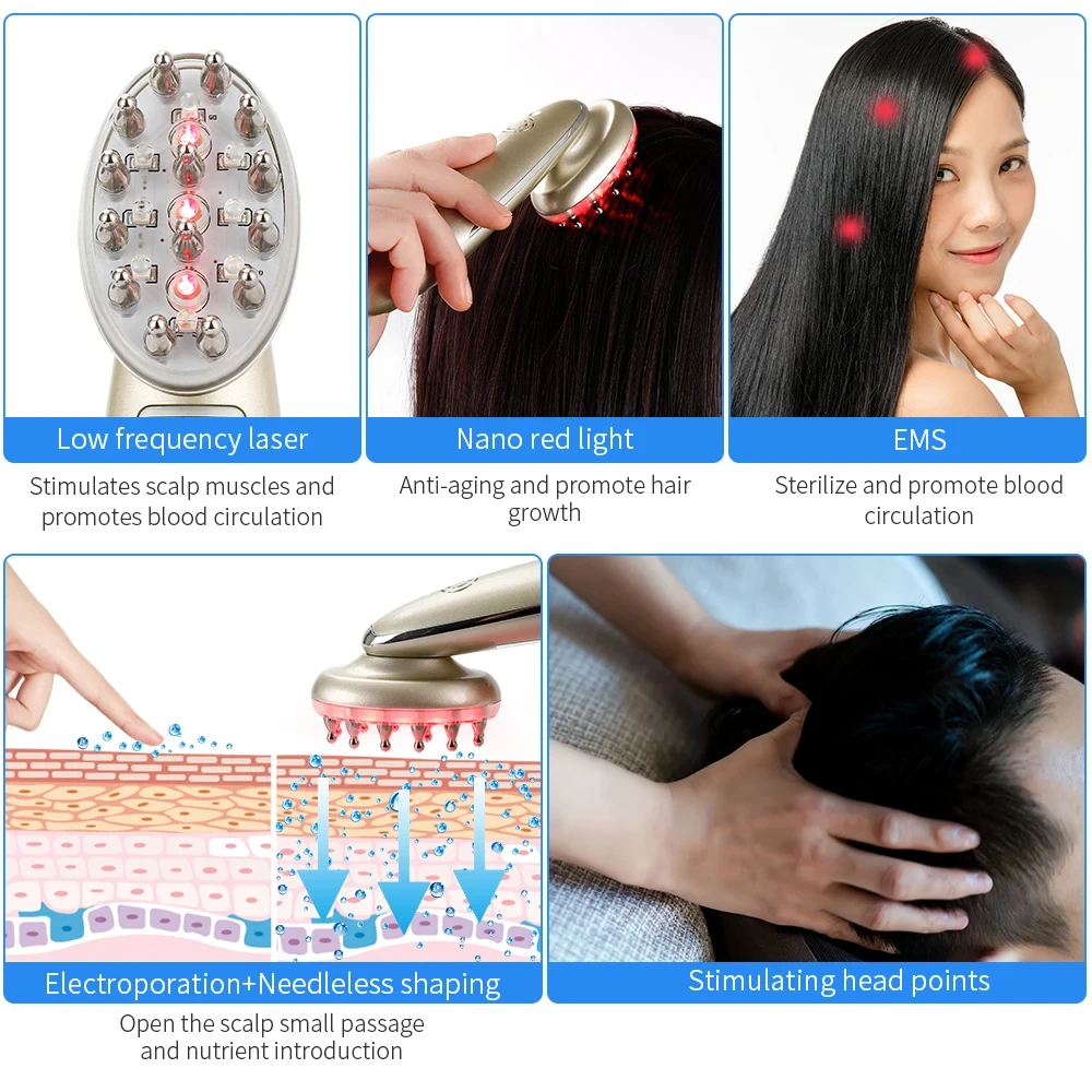 Elétrica Anti-Hair Loss Massagem Comb, infravermelho EMS Radiofrequência Vibração, Instrumento Terapêutico, Red Light Hair Care, Veya