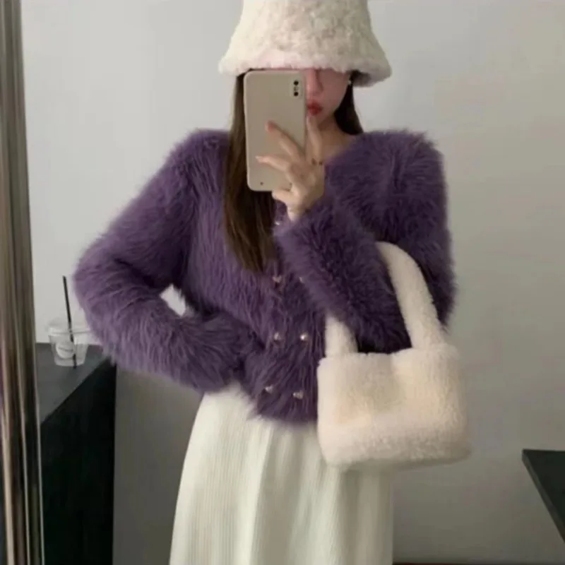 

Heavy Industry Cardigan Female Coat with Foreign Imitation Mink Fleece Knitted Cardigan Double Row Heart Button Coat Female