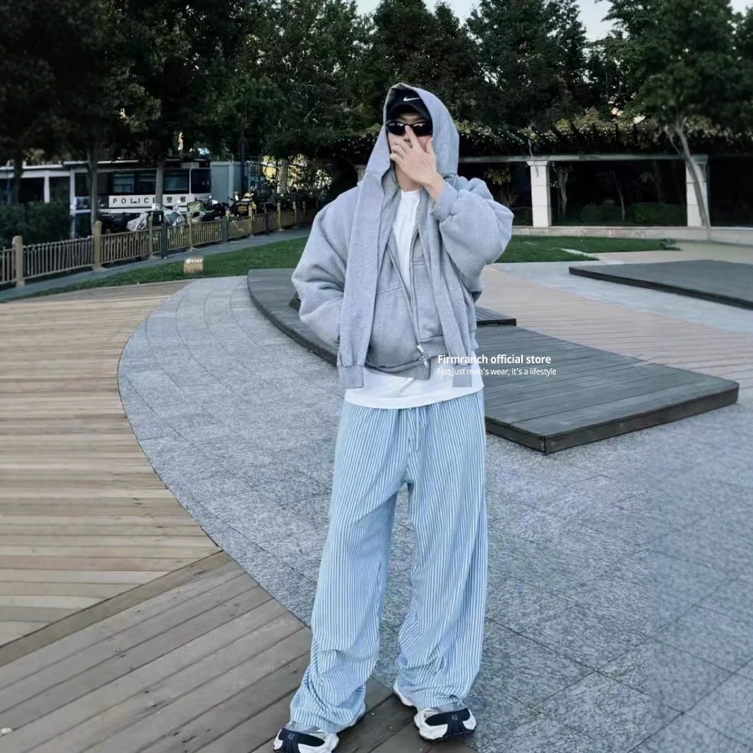 Firmranch New 2025 Blue Color-woven Striped Loose Straight-leg Casual Fleece Fabric Sleep Pants Sweatpants Casual Long Trousers view 3