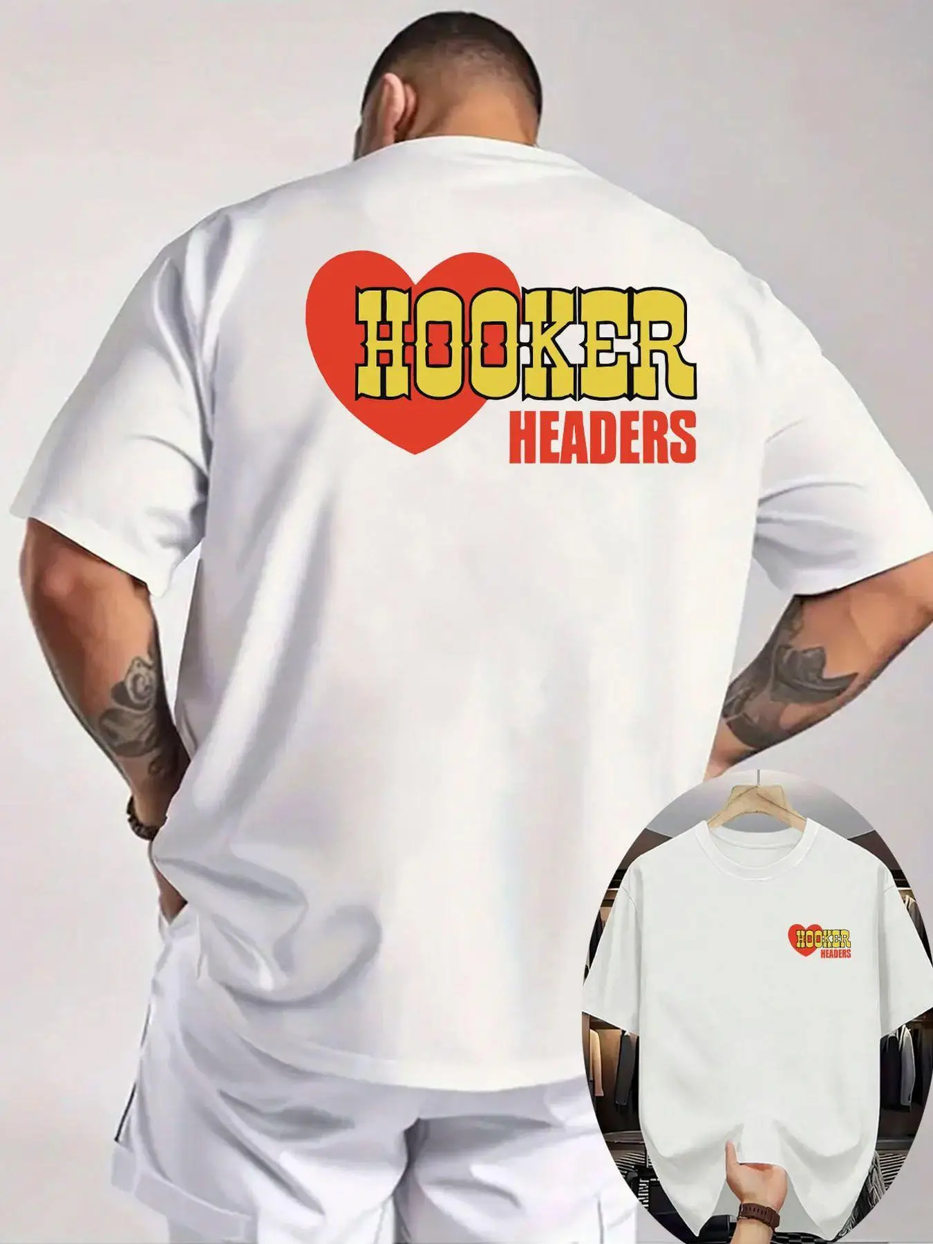 Hooker Headers Print T-Shirt White Casual Crew Neck Short-Sleeve Top Red Heart Design, Yellow and Red Text Trendy Summer T-Shirt