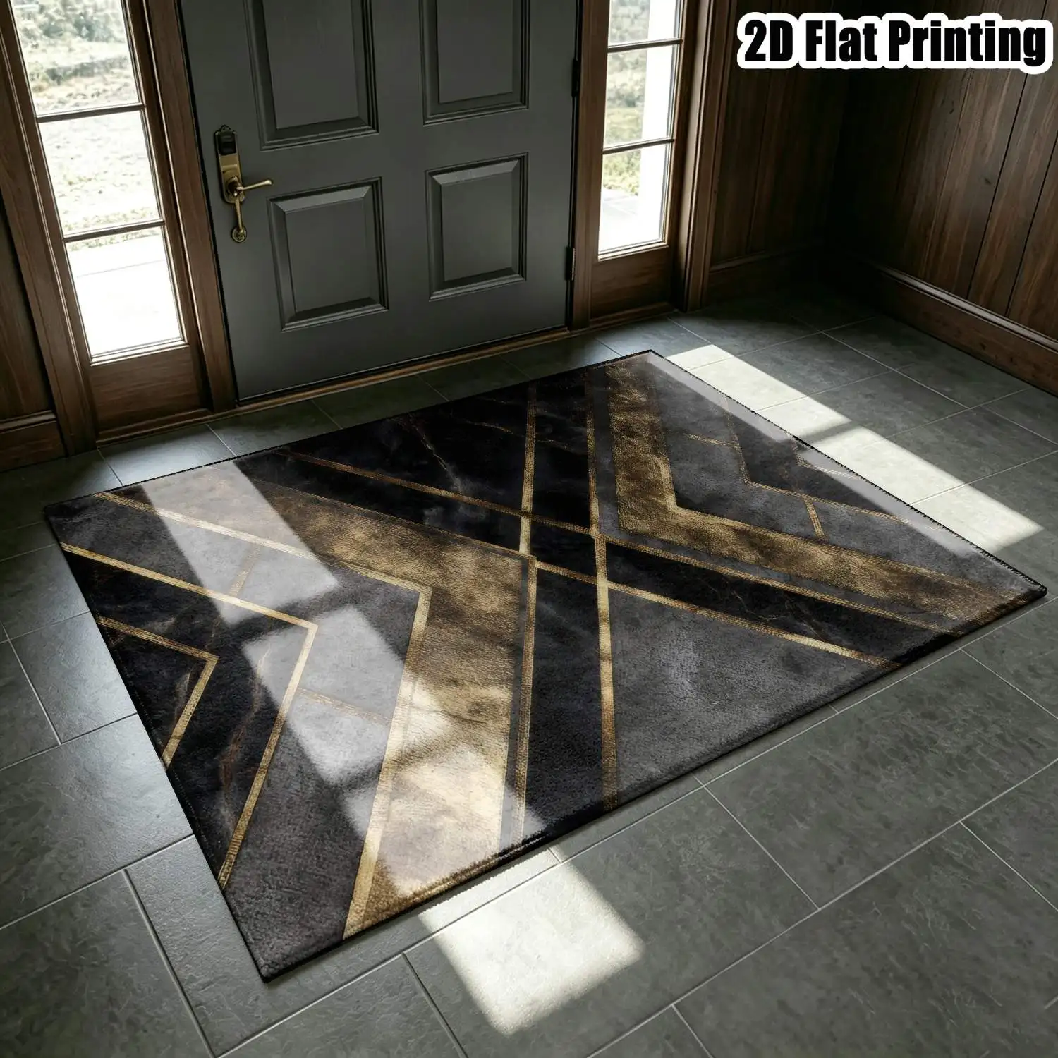 1Pc 2D Printed Black & Gold Geometric Stripe Carpet, Nordic/Modern Minimalist/European Style, Home Decor, Multi-Size, Machine Washable, Suitable for Entrance/Dining Room/Foyer/Living Room/Bedroom Floor Mats