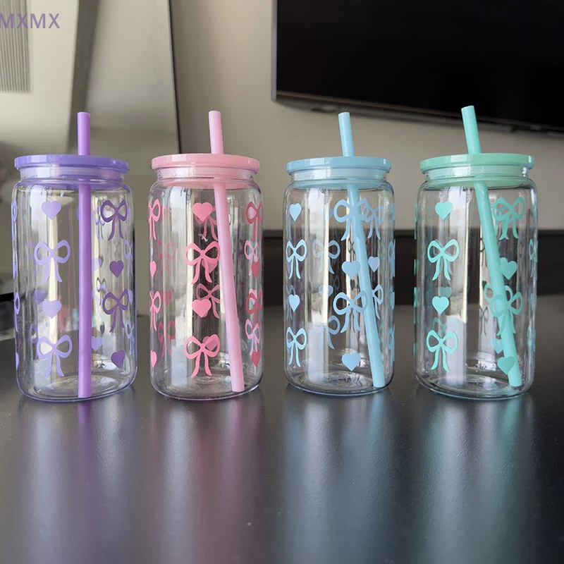 Cute Bow Plastic Straw Cup With Lid Aesthetic Mason Jug For Ice Coffee Juice Tea Portable Drinking Bottle