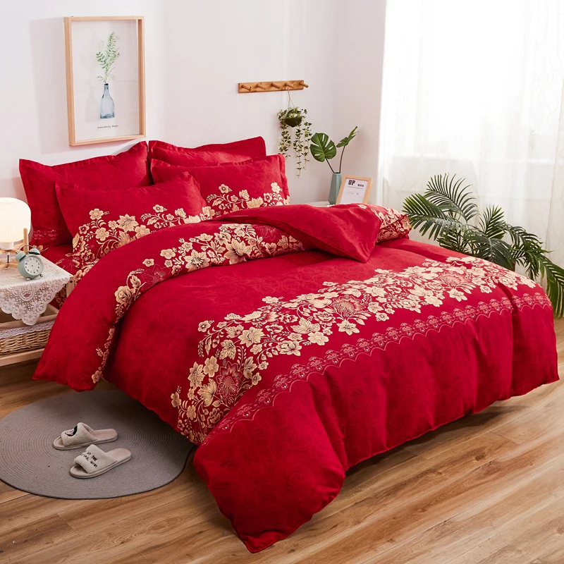 Red Rose Duvet Cover Queen Gold Botanical Floral Comforter Cover for Girl Women Lover Valentine Gift 3PCS Reversible Bedding Set