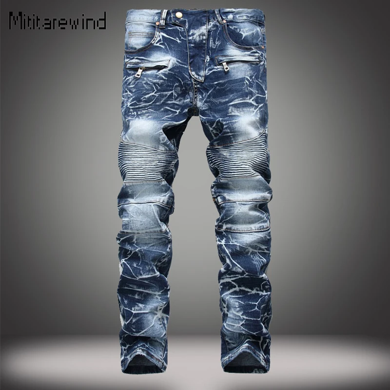 

European Nostalgic Men's Jeans Y2k Pleated Motorcycle Jeans Stretch Distressed Straight Jeans All Seasons Trendy Men Trousers