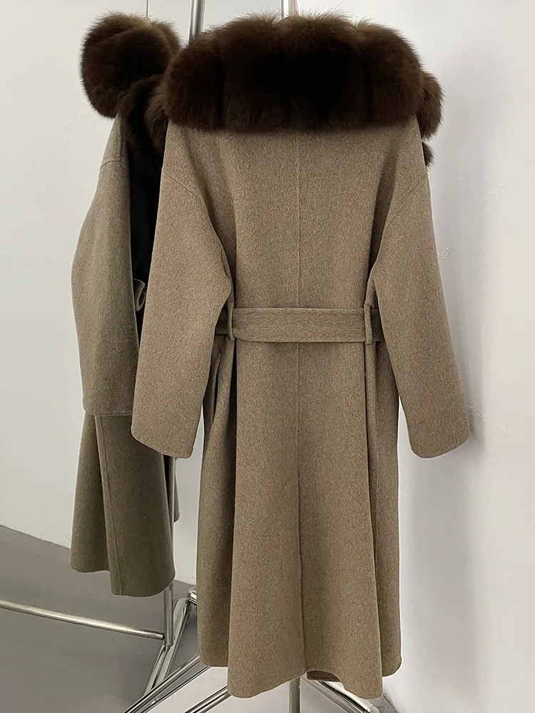 Elegancki damski płaszcz z mieszanki wełny w kolorze burgundowym, z futrzanym kołnierzem szalowym, paskiem i wiązaniem w talii, długi rękaw, odzież wierzchnia zimowa ZM4216