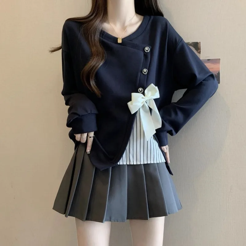 الجديد شعبية الخريف الشتاء عطلة قطعتين القوس سترة كبيرة الحجم المرأة فضفاضة عارضة هوديي أعلى أزياء بسيطة رائعة #1