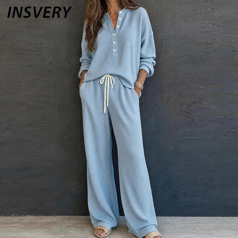 Autumn Winter Women 2 Piece Set V Neck Button Long Sleeve Shirt Blouses Drawstring Pants Suit Women Autumn Winter Casual Outfits