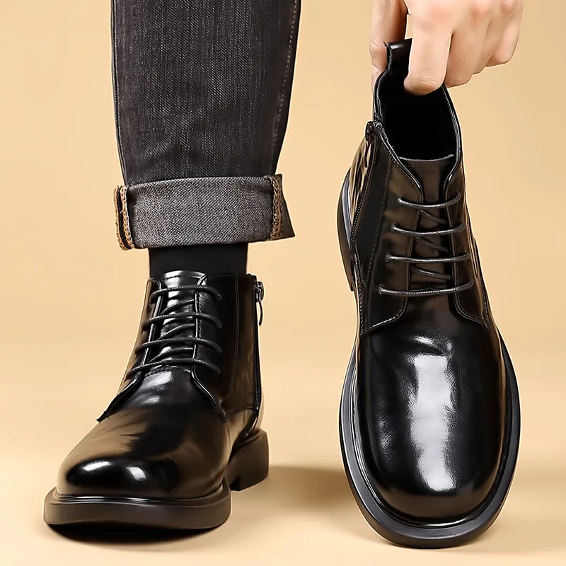 

Warm Mens Ankle Boots Handmade Quality Comfortable 2026 Winter Spring Vintage Outdoor Short Black Business Social Shoes for Man