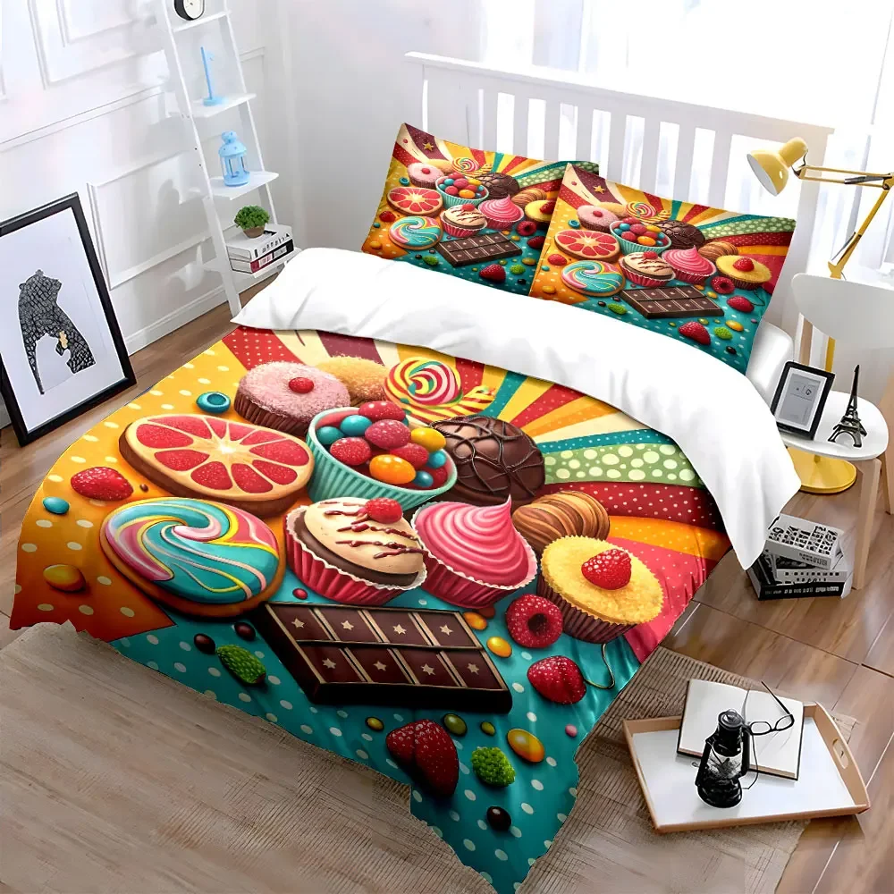 Colorful Dessert Party Decor Set Soft Comfortable Duvet Cover Bedding Set Included 1*Duvet Cover & 2*Pillowcases, gift