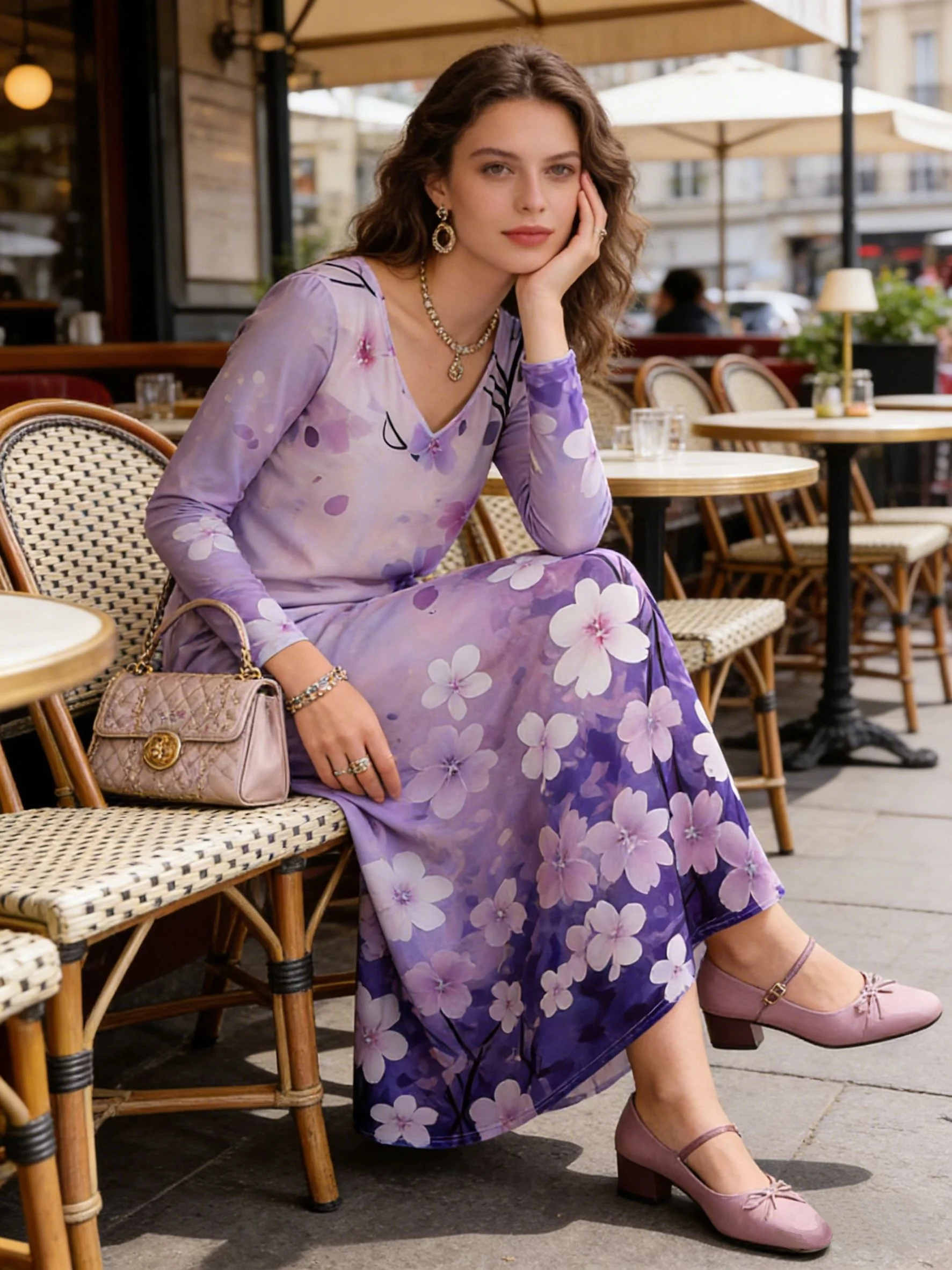 Damen-Kleid mit langen Ärmeln und V-Ausschnitt, lässiges, fließendes Midikleid für Herbst, Winter, Frühling, modisch, einfarbig, lockere Passform, Alltagskleidung