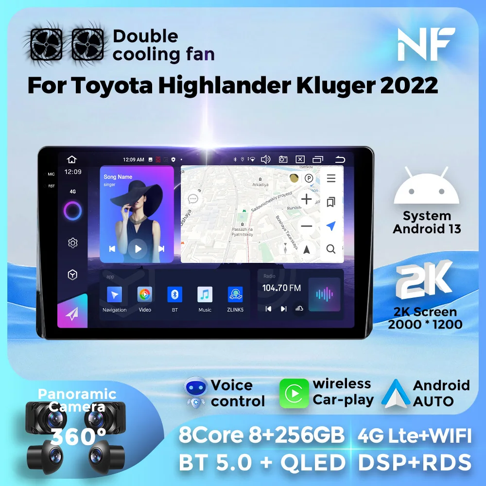 For Toyota Highlander Kluger 2022 Multimedia Video Player Stereo 4G WIFI Android 13 Wireless GPS Navigation BT5.0 256GB 8 Core