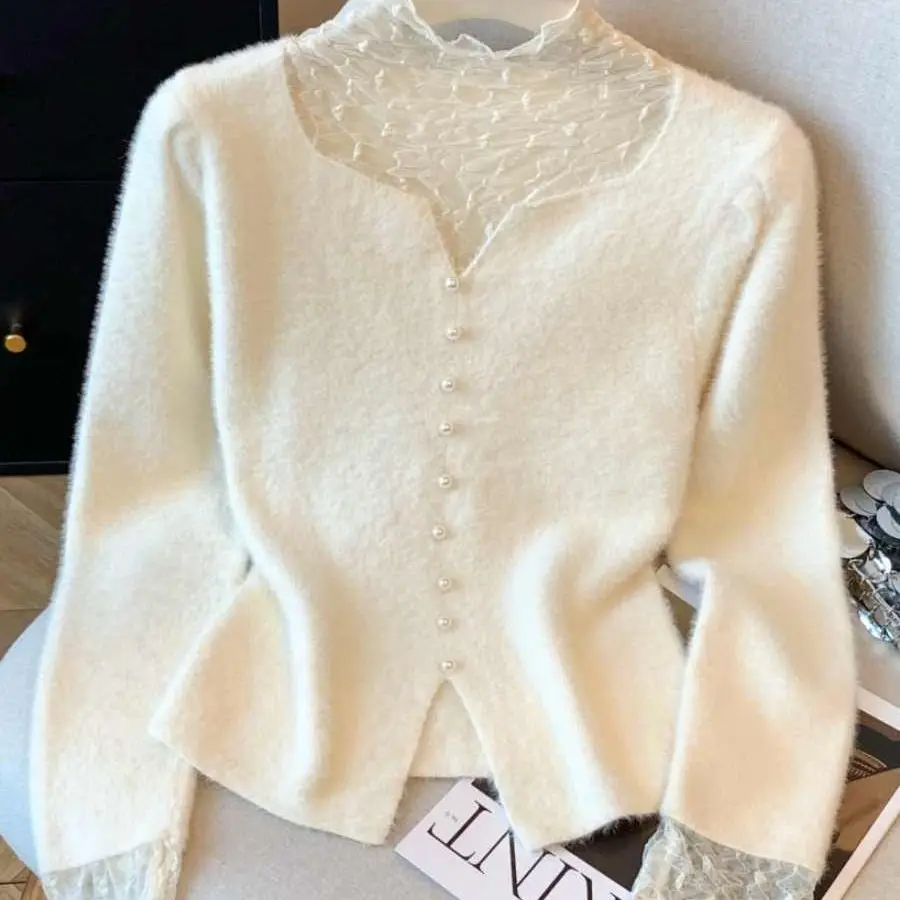 Sweet Style Woman Clothes Autumn New Beautiful Lace Spliced Knitted Sweater Top Single Breasted Decorate Pullover Jumper TT821