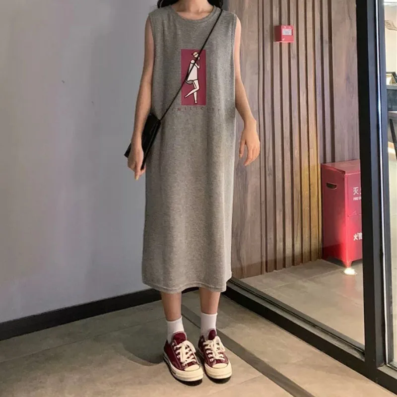 Korean Sleeveless T Shirt Dress Women's Summer Casual Print  Loose O Neck Tunic Printed Basic Dresses Vestidos Streetwear Outfit