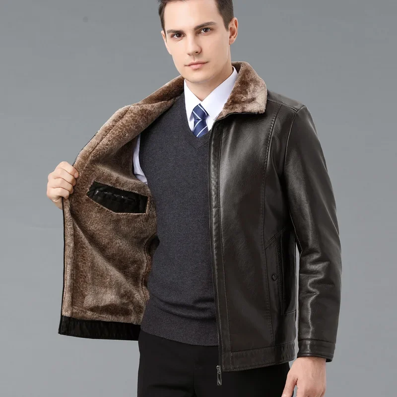 Piel de cuero de alta calidad para hombre, chaqueta de cuero con solapa informal de piel de oveja gruesa de lana, abrigo para papá, nueva ropa de invierno para hombre