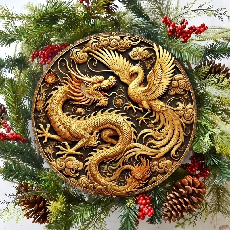 20cm Wooden 2D Flat Color Dragon Phoenix Wall Hanging Round Wooden Plate Living Room Bedroom Decoration Good Luck Guard Card