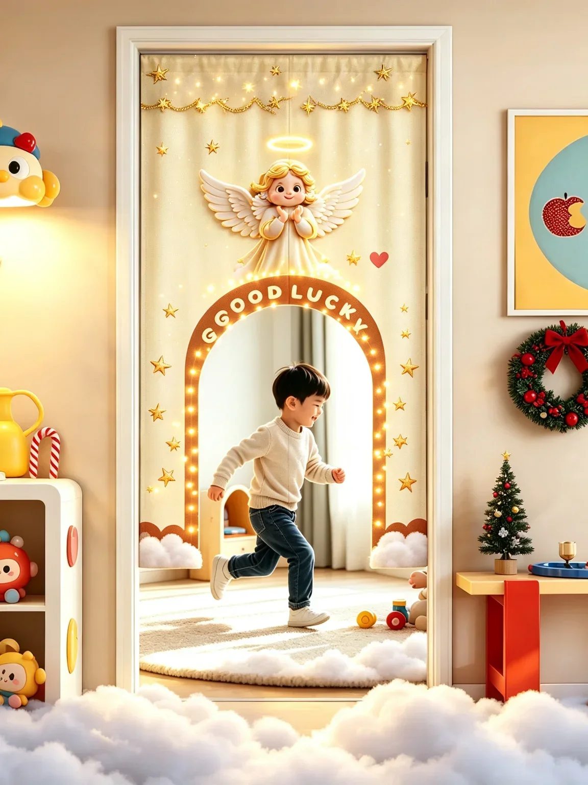 VIKAMA Reindeer Sleigh Arched Half Door Curtain Christmas Kids Room Cotton Linen Short Curtain Privacy Partition Home Decor