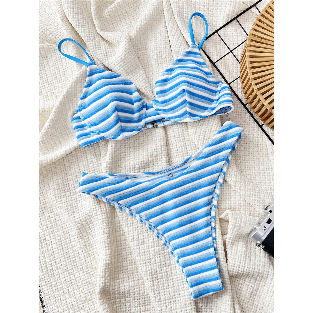 Damen-Badeanzug, gestreift, mit Bügel, brasilianischer Schnitt, hoch geschnitten, zweiteiliger Bikini, Badebekleidung, Badeanzug, Modell V5956. – Detail 9
